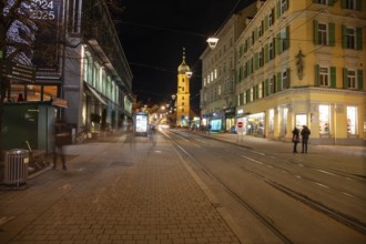 Illuminated church tower of the Franciscan Church, night shot, Graz, Styria, Austria, Europe