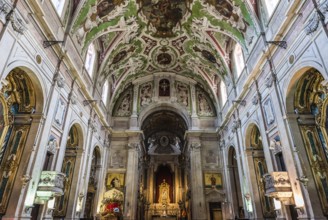 Lisbon, Portugal, 12 28 2018: Decorated interior design of a colorful roman church in old town,