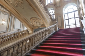 Turin, Italy, January 2023: Palazzo Barolo staircase. Luxury palace with old baroque interior and