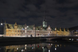 Copenhagen, Denmark, March 22, 2016: The Copenhagen stock exchange building by night, Europe
