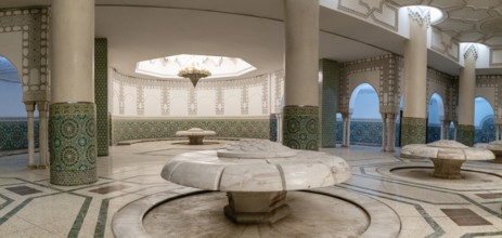 Casablanca, Morocco, 29 March, 2024: marble-carved lotus flower spring fountains in the underground