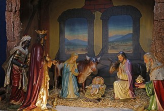 Christmas cot, Holy Family, Three Wise Men, Parish Church of St Peter and Paul, Dieburg, Hesse,