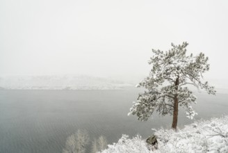 Mountain lake in a heavy April snowstorm - Horsetooth Reservoir in Fort Collins, Colorado