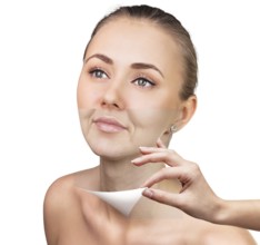 Old and young woman, isolated on white, before and after retouch, beauty treatment, skin care