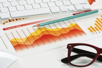 Business workplace with keyboard glasses and financial documents on table