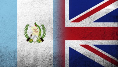 National flag of United Kingdom (Great Britain) Union Jack with Guatemala National flag. Grunge