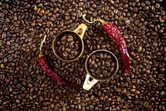 Fresh coffee brown beans and pots ready to make delicious cup of coffees