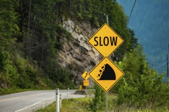 Slow, Watch for fallen rock and be prepared to avoid a collision, Warning yellow roads signs in