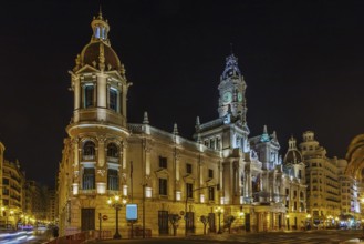 Valencia Town Hall (Ayuntamiento de Valencia) built in an eclectic style, Spain. Evening