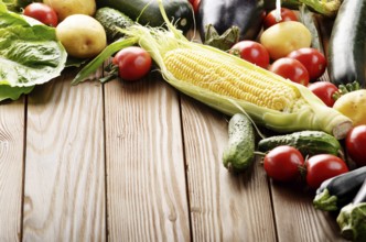 Fresh Organic Vegetable Food Ingredients on Wooden kitchen table background. Space for text