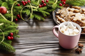 Christmas background of pink mug with hot chocolate and marshmallows, spruce branch and tray with