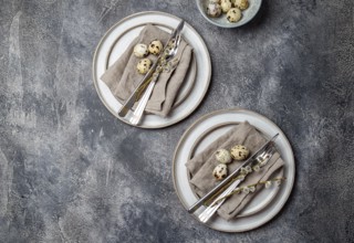Food, Food, Easter festive table setting with quail eggs. top view