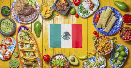 Food, Food, Mexican festive food for independence day independencia, around mexican flag. Top view,
