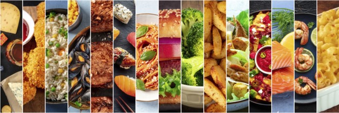 Food collage layout. A variety of dishes, a collection for a restaurant banner. International