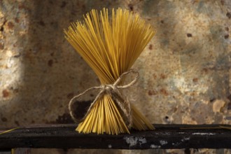 A bunch of spaghetti, typical hard cheese of the Italian cuisine