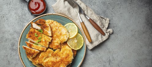 Crispy panko breaded fried chicken fillet with green salad and lemon cut on plate on gray