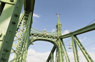 The Liberty Bridge in Budapest, Hungary, connects Buda and Pest across the River Danube. It is the