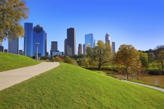 Houston skyline in sunny day from park grass of Texas USA