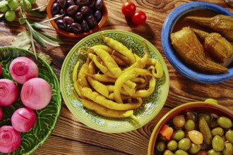 Tapas pickles mix olives chili onion eggplant from Spain