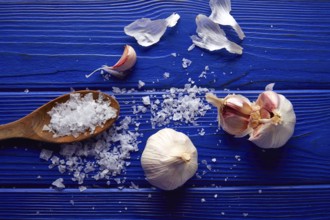 Garlic and salt spread on a blue wooden table with casual composition
