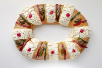 Rosca de Reyes, Three Kings Bread on a white table