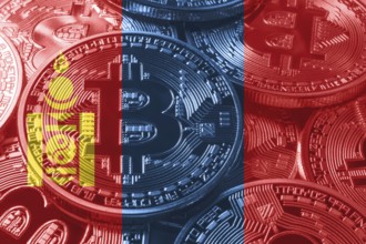 Mongolia bitcoin flag, national flag cryptocurrency concept black background