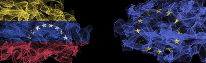 Flags of Venezuela and EU on Black background, Venezuela vs Europe Union Smoke Flags