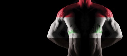 Iraq flag on muscled male torso with abs, black background