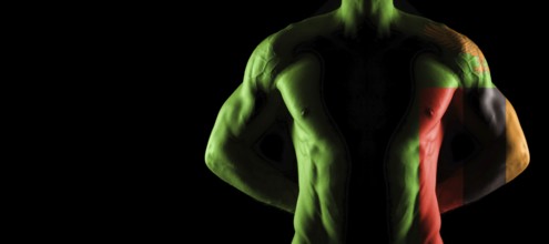 Zambia flag on muscled male torso with abs, black background
