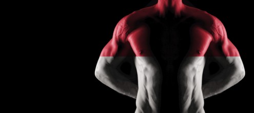 Monaco flag on muscled male torso with abs, black background