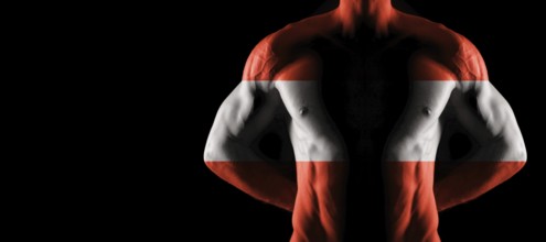 Austria flag on muscled male torso with abs, black background