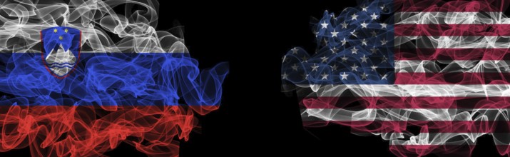 Flags of Slovenia and USA on Black background, Slovenia vs USA Smoke Flags