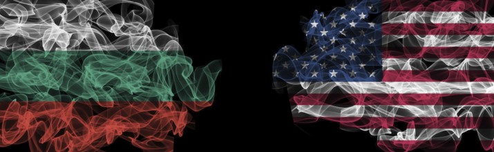 Flags of Bulgaria and USA on Black background, Bulgaria vs USA Smoke Flags