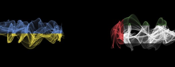 Flags of Ukraine and UAE on Black background, Ukraine vs United Arab Emirates Smoke Flags