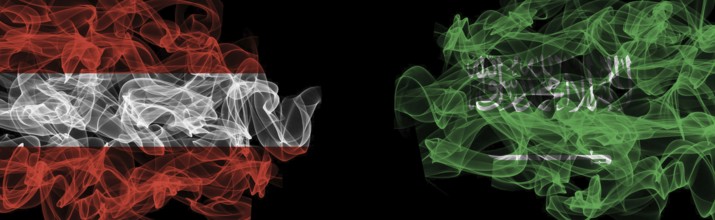 Flags of Austria and Saudi Arabia on Black background, Austria vs Saudi Arabia Smoke Flags