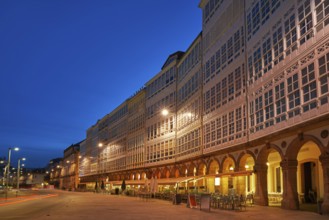 La Coruna facades sunset near Port in Galicia of Spain