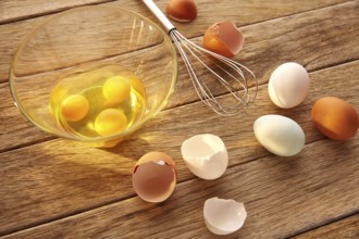 Eggs and shaker on wood with blue easter white and brown egg colors
