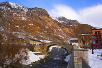 Benasque medieval bridge over Esera River in Huesca Spain