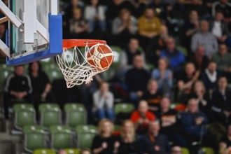 Ball falls in the basket during basketball match. Audience in the background.
