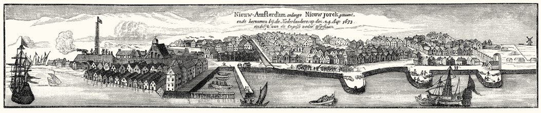 Old city view of New Amsterdam or New York City, USA, 17th century, North America