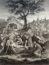 The Burial of Jesus, New Testament, steel engraving 1853, digitally restored