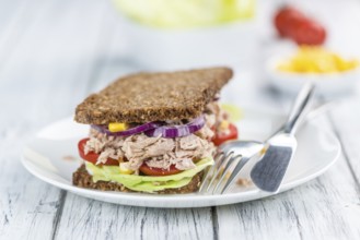Tuna sandwich with wholemeal bread (selective focus, close-up shot)