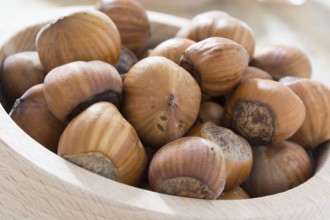 Hazelnuts in wooden bowl ready to be cracked and eaten