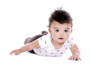 Adorable baby boy wrapped with blanked on white background, Toronto, Canada, North America