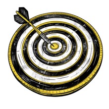Black and yellow target with a dart hitting the bullseye, detailed illustration