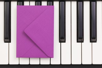 Funny arrangement envelope on the piano keybords - Flat lay image