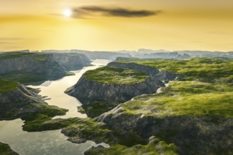 Beautiful fantasy landscape sunset scenery 3D illustration