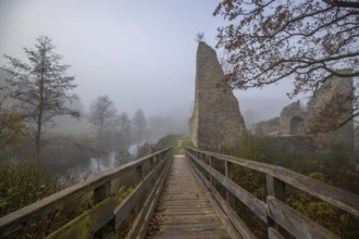 Ruins of a castle. Landscape shot in autumn. Defence system in a lake. Foggy landscape in the