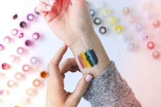 Rainbow LGBTQ flag painted on hand. Support for lgbt community. Honour of pride month. Connecting