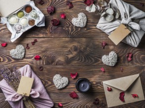 Zero waste Valentine's Day concept. Eco-friendly gift cloth wrapping in Furoshiki style, homemade